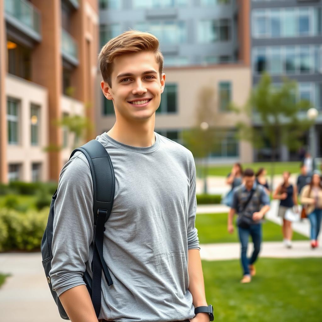 A 22-year-old male student with short brown hair and brown eyes, dressed in casual clothes such as jeans and a simple shirt