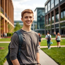 A 22-year-old male student with short brown hair and brown eyes, dressed in casual clothes such as jeans and a simple shirt