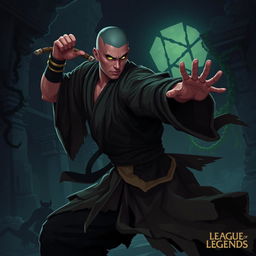 Lee Sin from League of Legends represented in a dark fantasy pixel art style