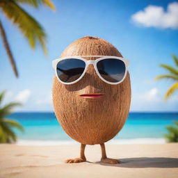 A sassy coconut character, with confident eyes peering over trendy sunglasses, giving a daring look to the viewer against a sunny beach background.