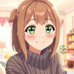 An 18-year-old anime girl with striking green eyes and light brown hair, styled in a casual yet cute way