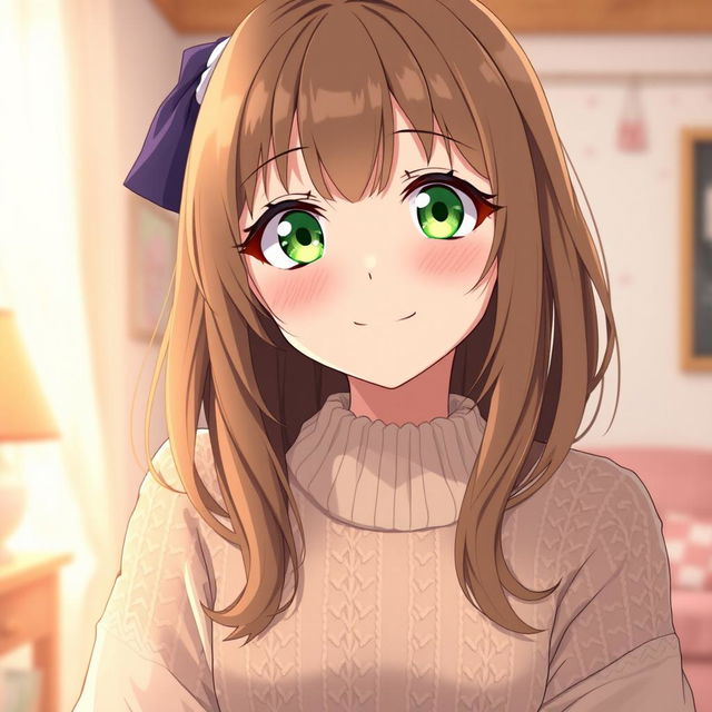 An 18-year-old anime girl with striking green eyes and light brown hair, styled in a casual yet cute way