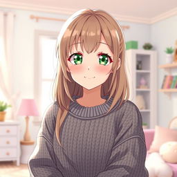 An 18-year-old anime girl with striking green eyes and light brown hair, styled in a casual yet cute way