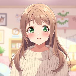 An 18-year-old anime girl with striking green eyes and light brown hair, styled in a casual yet cute way