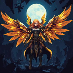 Kayle from League of Legends illustrated in a dark fantasy pixel art style