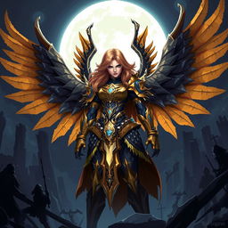 Kayle from League of Legends illustrated in a dark fantasy pixel art style