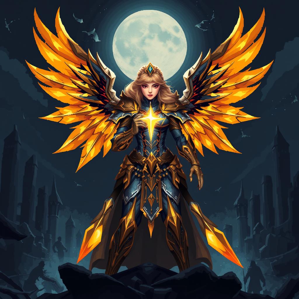 Kayle from League of Legends illustrated in a dark fantasy pixel art style