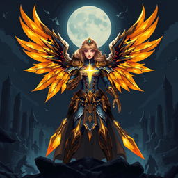 Kayle from League of Legends illustrated in a dark fantasy pixel art style