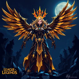 Kayle from League of Legends illustrated in a dark fantasy pixel art style