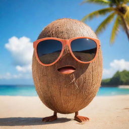 A sassy coconut character, with confident eyes peering over trendy sunglasses, giving a daring look to the viewer against a sunny beach background.