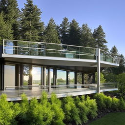 Stunning exterior design featuring glass railing with intricate details on a sunny day.