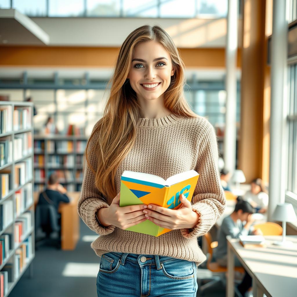 A 21-year-old female student with long light brown hair and striking green eyes, dressed in casual yet stylish clothing featuring a cozy sweater and trendy jeans