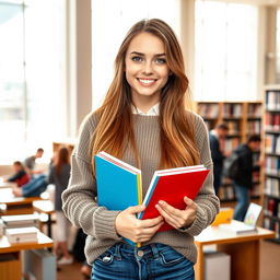 A 21-year-old female student with long light brown hair and striking green eyes, dressed in casual yet stylish clothing featuring a cozy sweater and trendy jeans