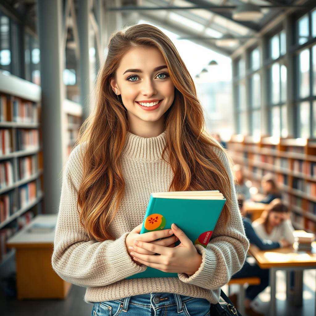 A 21-year-old female student with long light brown hair and striking green eyes, dressed in casual yet stylish clothing featuring a cozy sweater and trendy jeans