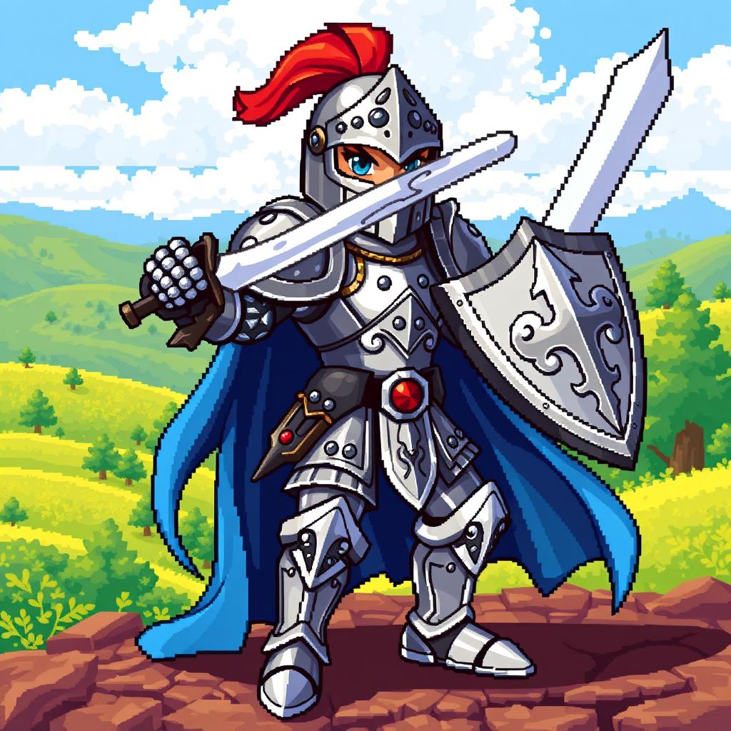 A detailed pixel art game sprite featuring a heroic fantasy knight character