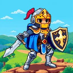 A detailed pixel art game sprite featuring a heroic fantasy knight character