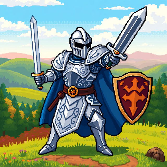 A detailed pixel art game sprite featuring a heroic fantasy knight character