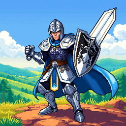 A detailed pixel art game sprite featuring a heroic fantasy knight character