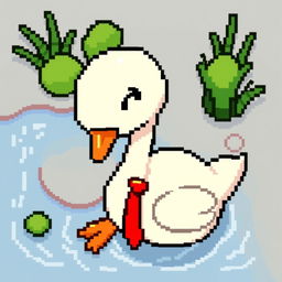 A whimsical pixel art character designed in a top-down style for a game, featuring a charming swan wearing a bright red tie