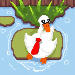 A whimsical pixel art character designed in a top-down style for a game, featuring a charming swan wearing a bright red tie