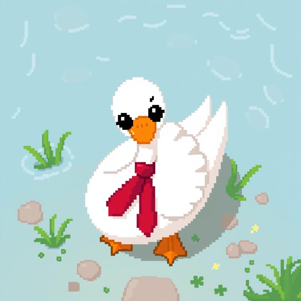 A whimsical pixel art character designed in a top-down style for a game, featuring a charming swan wearing a bright red tie