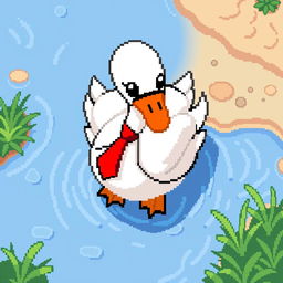 A whimsical pixel art character designed in a top-down style for a game, featuring a charming swan wearing a bright red tie