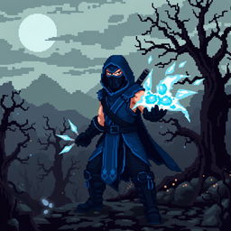 A pixel art representation of Sub Zero from Mortal Kombat, set in a dark fantasy environment