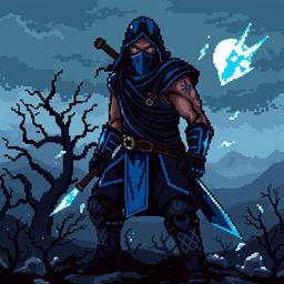 A pixel art representation of Sub Zero from Mortal Kombat, set in a dark fantasy environment