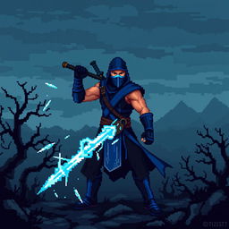 A pixel art representation of Sub Zero from Mortal Kombat, set in a dark fantasy environment