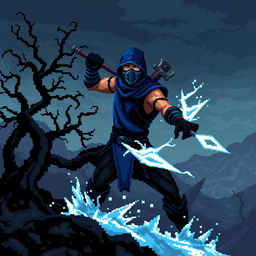 A pixel art representation of Sub Zero from Mortal Kombat, set in a dark fantasy environment