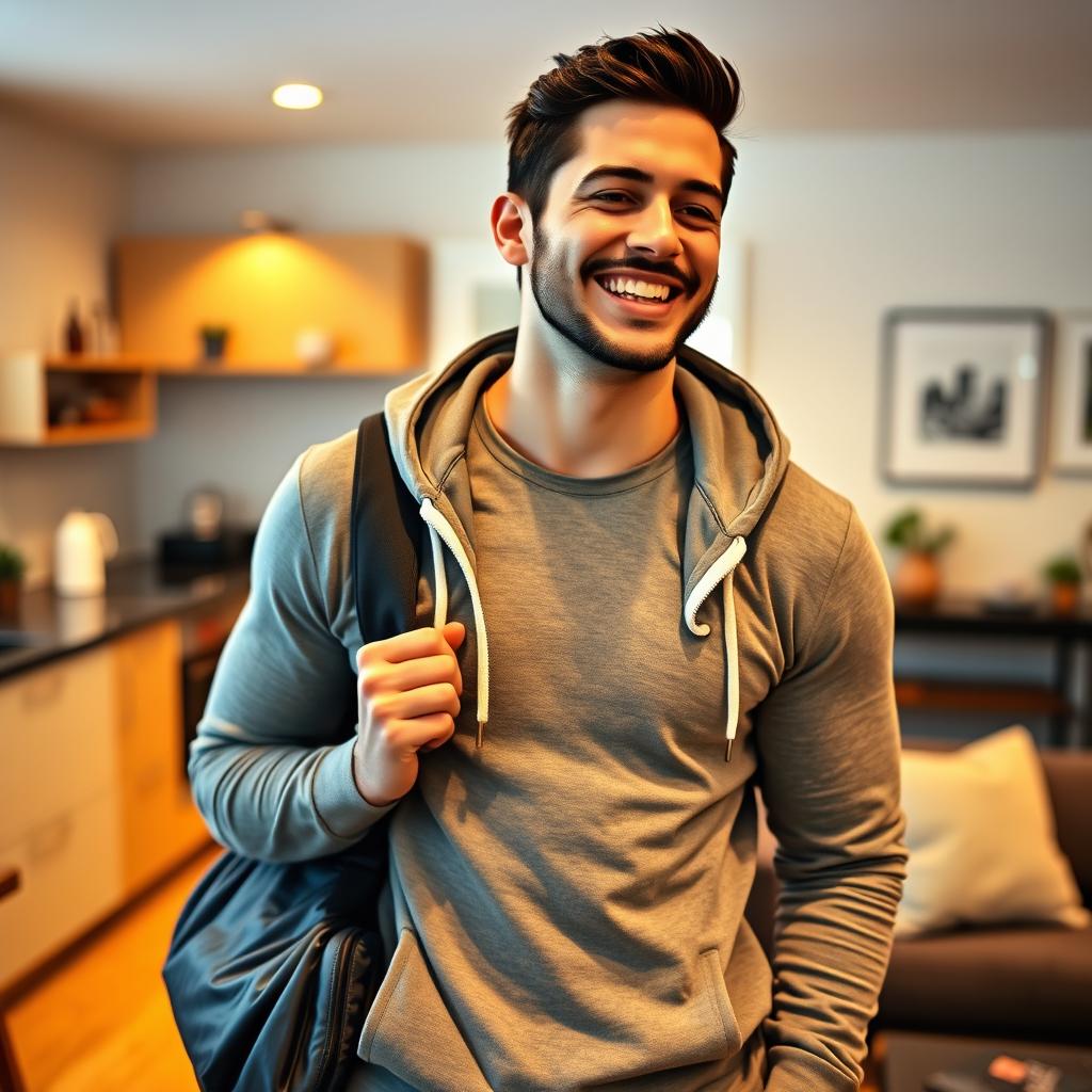 A 23-year-old male with short black hair and a light beard, dressed in a casual sporty outfit that includes a comfortable t-shirt and a stylish hoodie