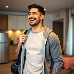 A 23-year-old male with short black hair and a light beard, dressed in a casual sporty outfit that includes a comfortable t-shirt and a stylish hoodie