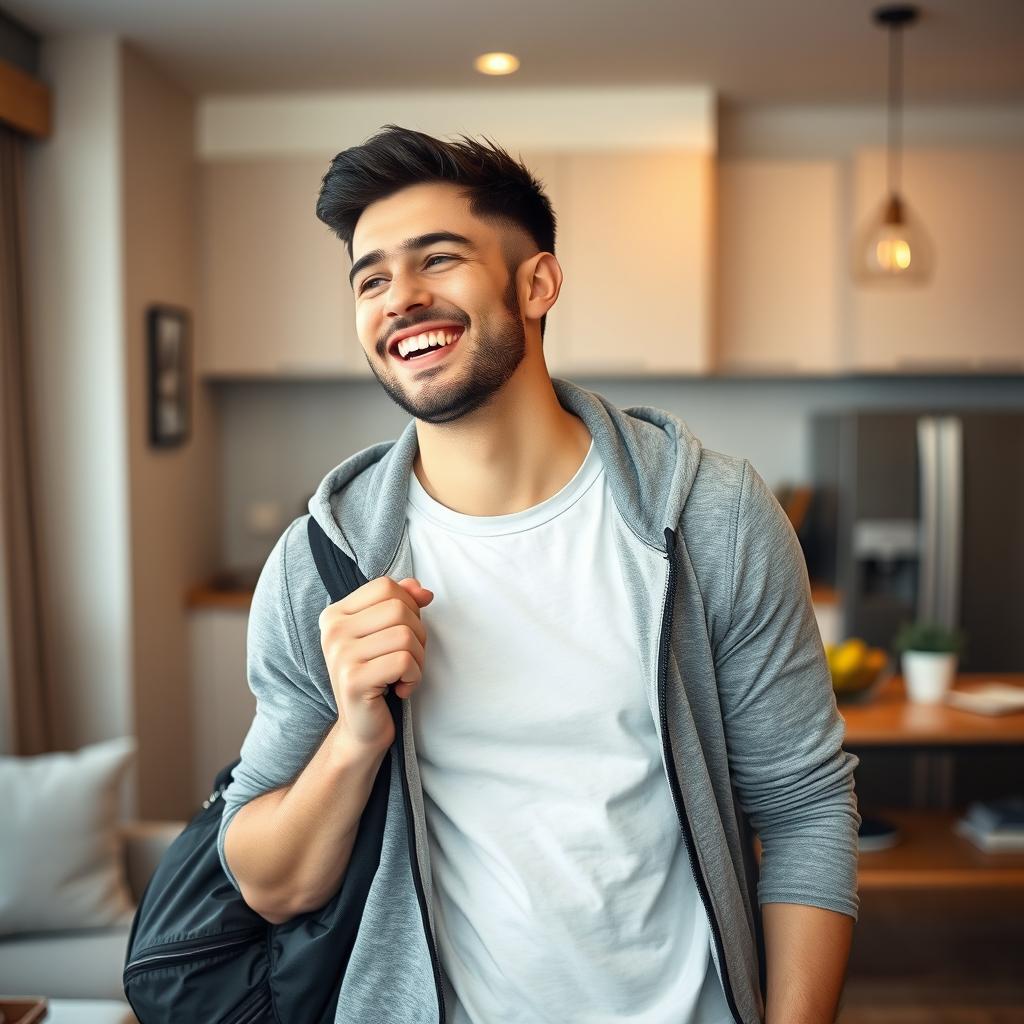 A 23-year-old male with short black hair and a light beard, dressed in a casual sporty outfit that includes a comfortable t-shirt and a stylish hoodie