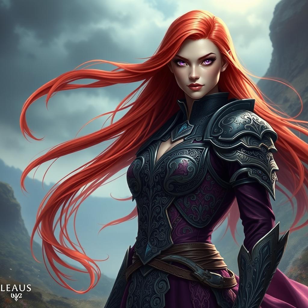 A fair-skinned Human woman with long flowing red hair cascading down her back, vibrant purple eyes sparkling with determination, dressed in a beautifully intricate battle dress that combines elegance and strength