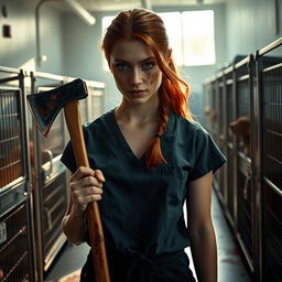 A realistic movie scene featuring a beautiful teenage redhead, with striking features, holding a bloody axe in her hand