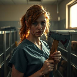 A realistic movie scene featuring a beautiful teenage redhead, with striking features, holding a bloody axe in her hand