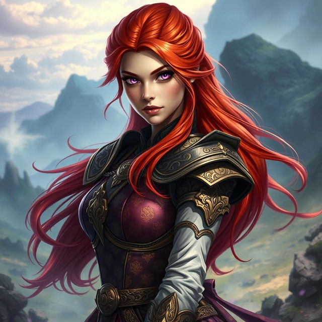 A fair-skinned Human woman with long flowing red hair cascading down her back, vibrant purple eyes sparkling with determination, dressed in a beautifully intricate battle dress that combines elegance and strength