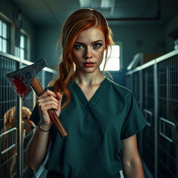 A realistic movie scene featuring a beautiful teenage redhead, with striking features, holding a bloody axe in her hand