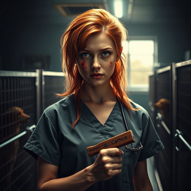 A realistic movie scene featuring a beautiful teenage redhead, with striking features, holding a bloody axe in her hand