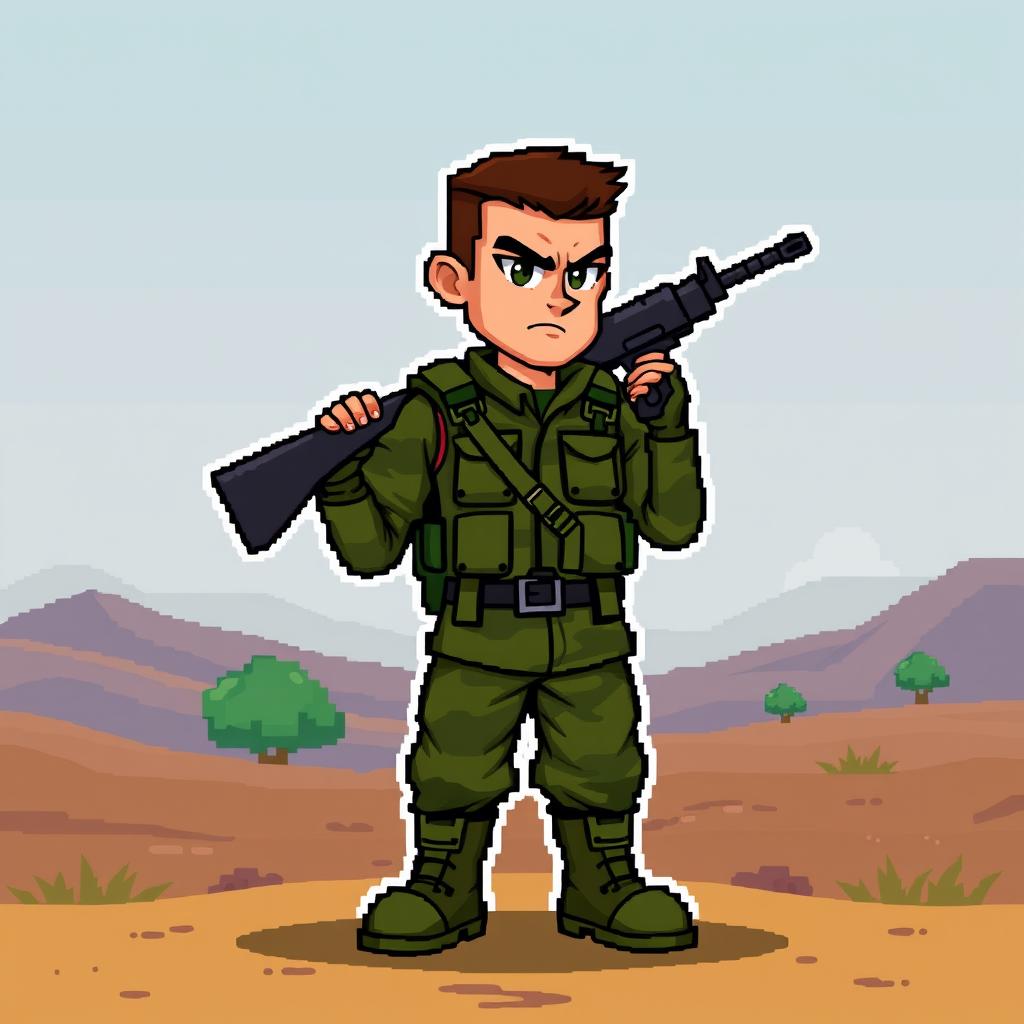 A pixel art character designed in a 2D style for a game, depicting a rugged soldier ready for action