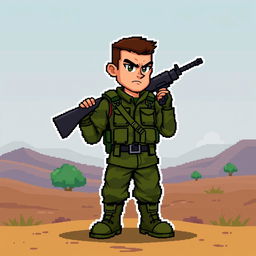 A pixel art character designed in a 2D style for a game, depicting a rugged soldier ready for action