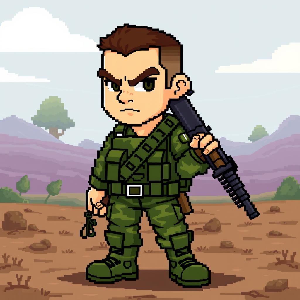 A pixel art character designed in a 2D style for a game, depicting a rugged soldier ready for action