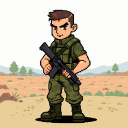 A pixel art character designed in a 2D style for a game, depicting a rugged soldier ready for action