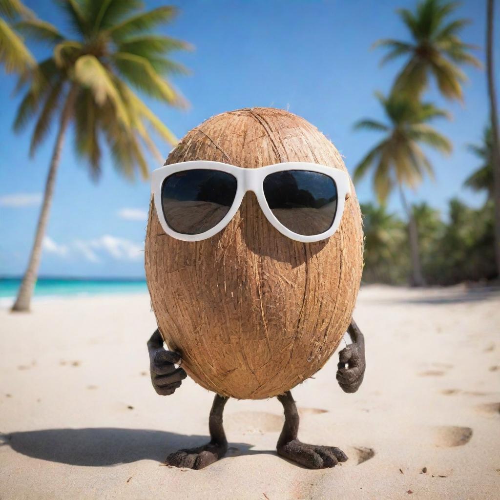 A daring coconut character with hands and legs, with an edgy stare from behind sunglasses, striking a cool pose on a sandy beach with palm trees.