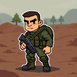 A pixel art character designed in a 2D style for a game, depicting a rugged soldier ready for action