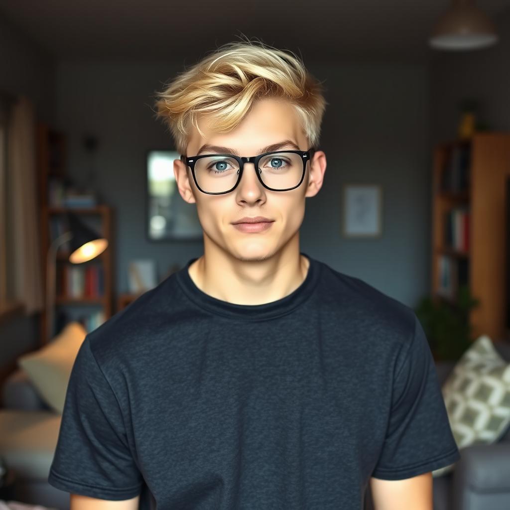 A 24-year-old male with short blonde hair and striking blue eyes, wearing stylish glasses with a thin frame