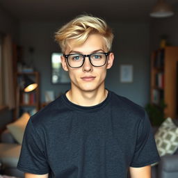 A 24-year-old male with short blonde hair and striking blue eyes, wearing stylish glasses with a thin frame