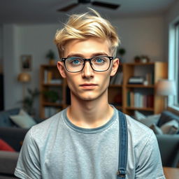 A 24-year-old male with short blonde hair and striking blue eyes, wearing stylish glasses with a thin frame