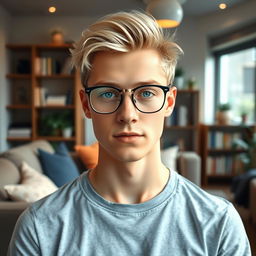 A 24-year-old male with short blonde hair and striking blue eyes, wearing stylish glasses with a thin frame