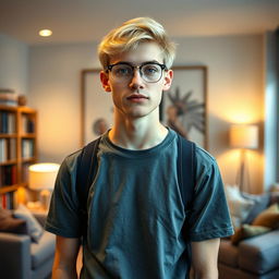 A 24-year-old male with short blonde hair and striking blue eyes, wearing stylish glasses with a thin frame